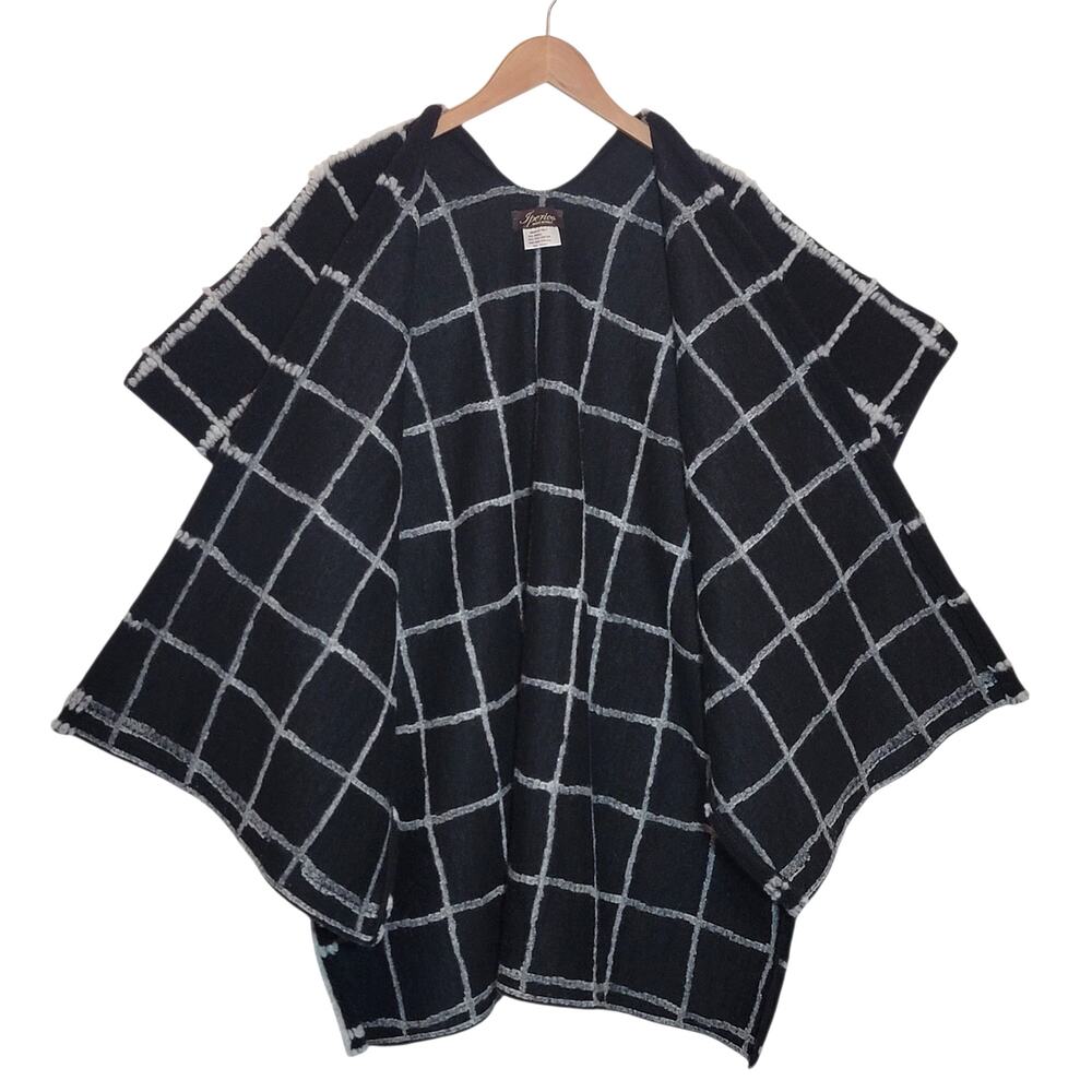 Iperico Black White Windowpane Check Wool Poncho One Size Italy Classic Cozy - Picture 7 of 11